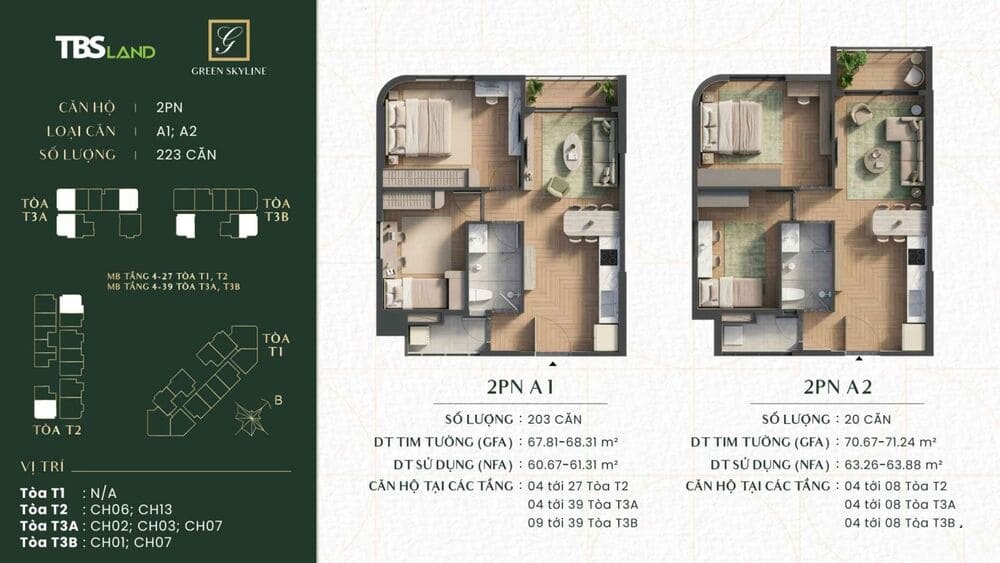 Mặt bằng layout căn hộ 2 ngủ loại A