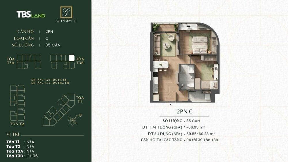 Thiết kế căn hộ 2 phòng ngủ loại C bố trí thông minh