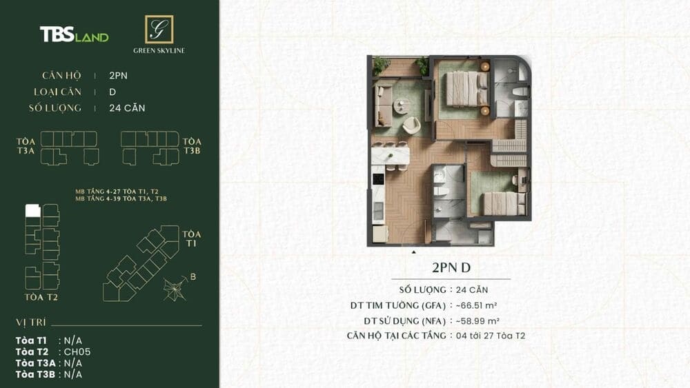 Cách bố trí loại D Căn hộ 2 phòng ngủ Green Skyline
