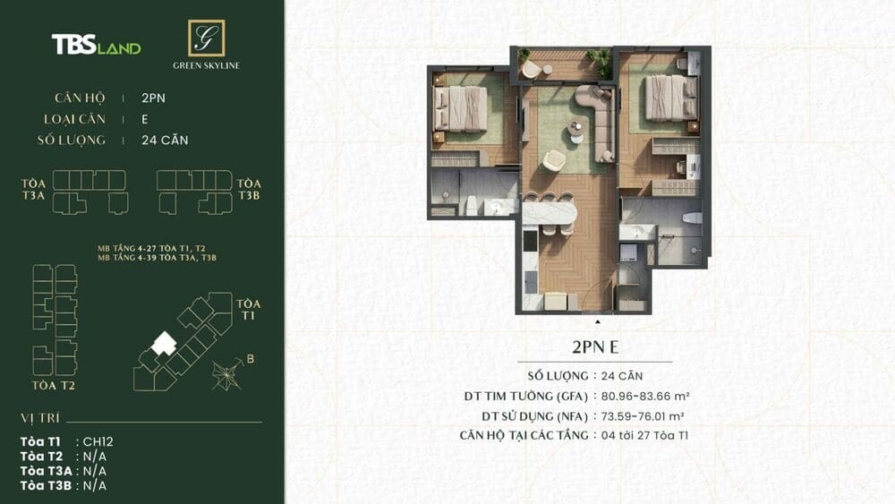 Mặt bằng bố trí căn hộ 2 phòng ngủ Green Skyline loại E
