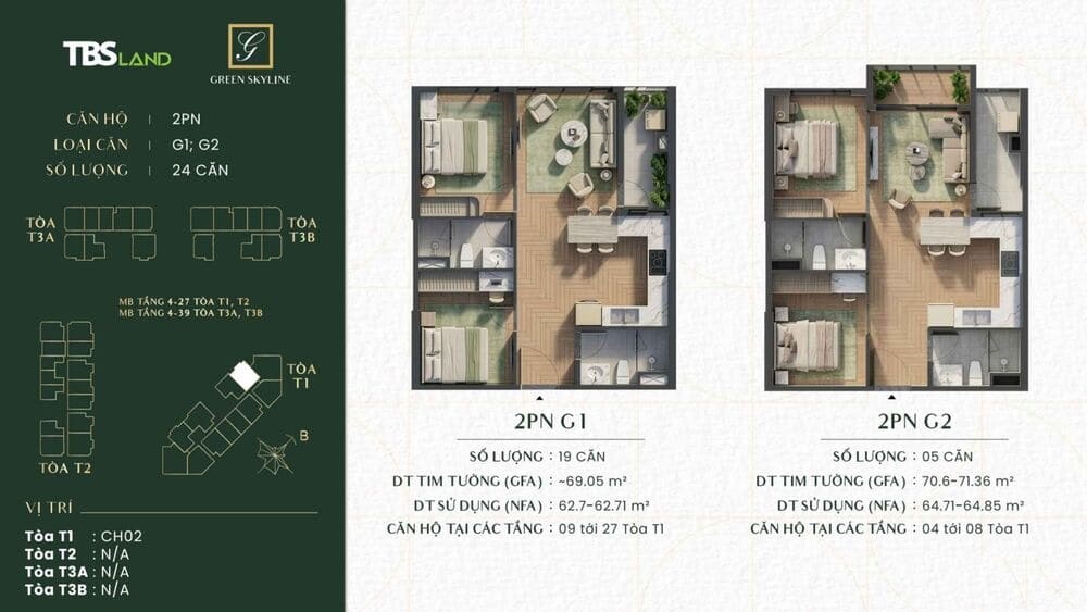 Layout loại G căn hộ 2 phòng ngủ Green Skyline
