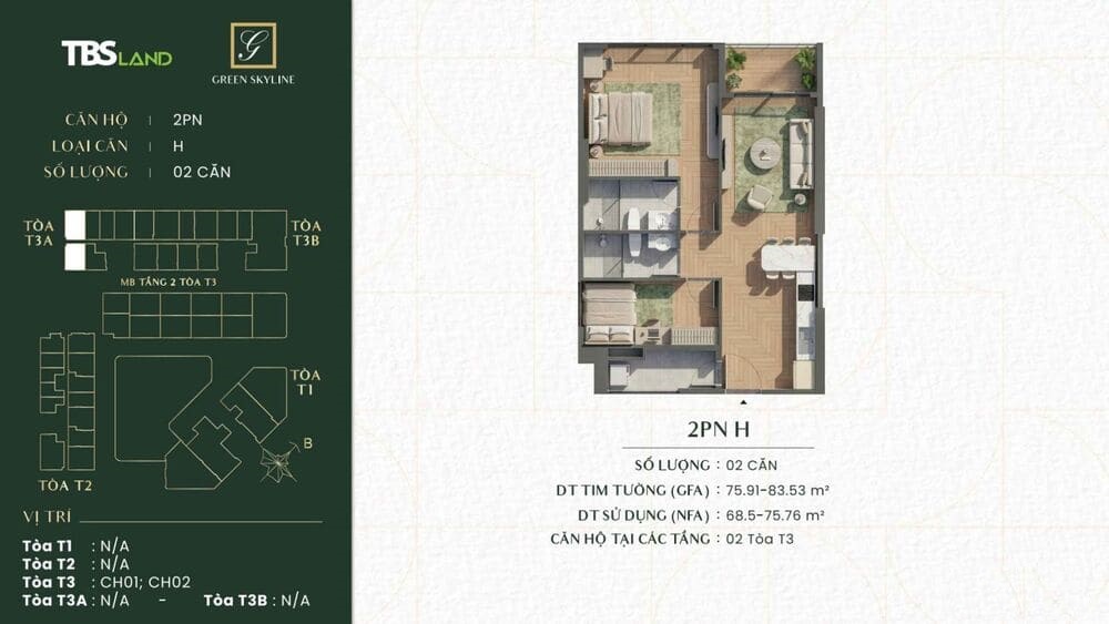 Mặt bằng bố trí căn hộ 2 phòng ngủ Green Skyline loại H