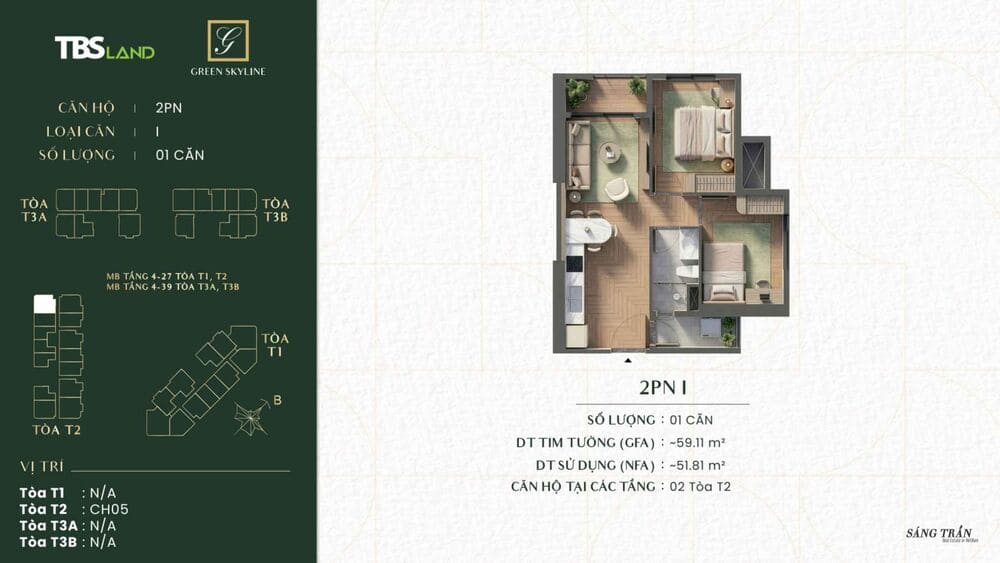 Layout loại I căn hộ 2 phòng ngủ Green Skyline
