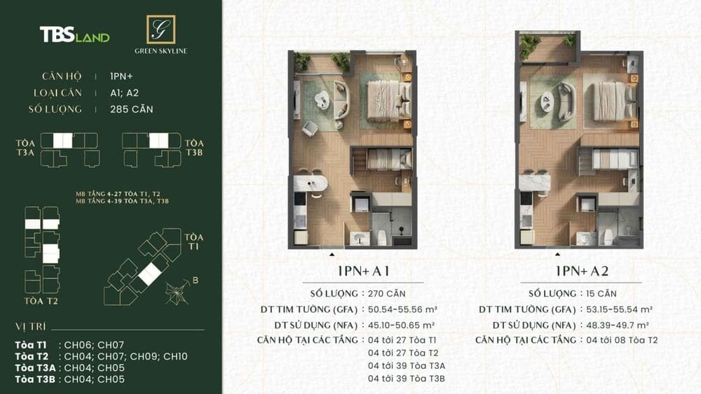 Cách bố trí căn hộ 1 phòng ngủ Green Skyline loại A1 và A2