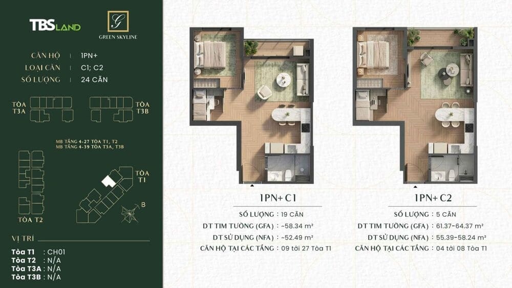 Cách bố trí căn hộ 1 phòng ngủ Green Skyline loại C1 và C2