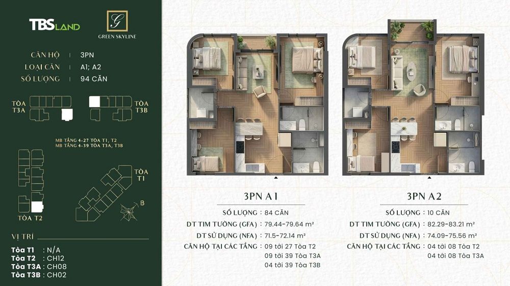 Bố trí công năng phòng 3 ngủ Green Skyline layout A
