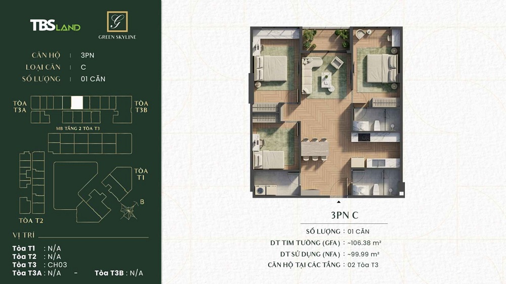 Layout C với căn hộ 3 phòng ngủ tinh hoa